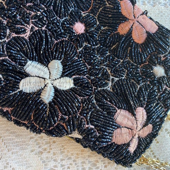 Vintage Black Beaded with Floral Pink and White Embroidery Purse w/ Chain Strap - Picture 5 of 7